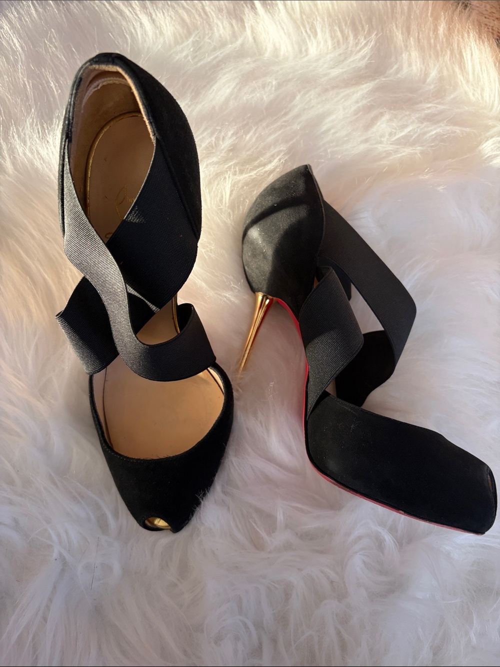 Christian Louboutin BIG DORCET Suede 120 Peep-Toe Heels with Gold Stiletto